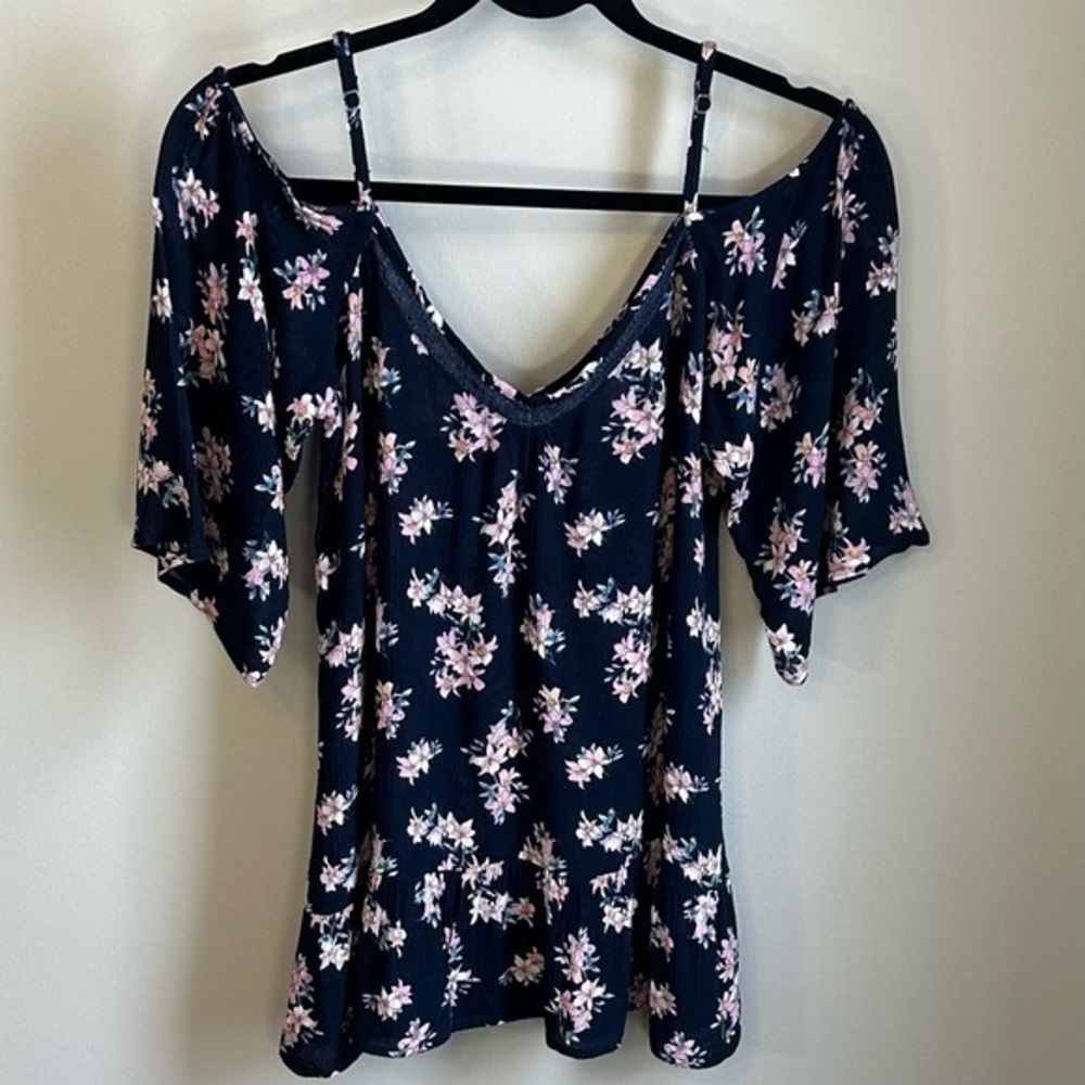 Papermoon Navy Cold-Shoulder Floral Blouse with Pink Flowers